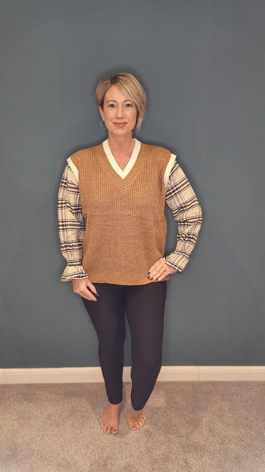 Chequered Shirt and Knit Waistcoat Top in Camel