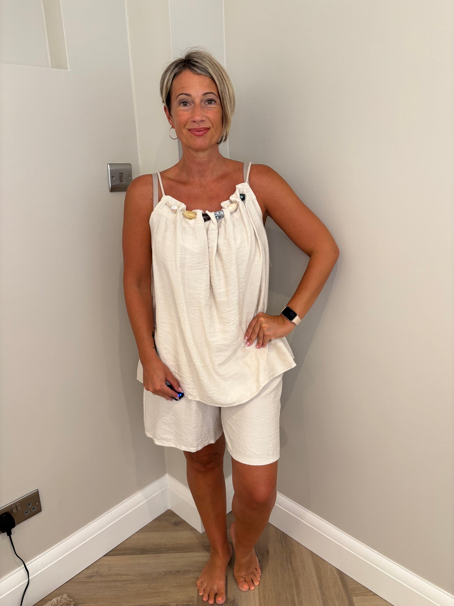 Bead Detail Short Set in Beige