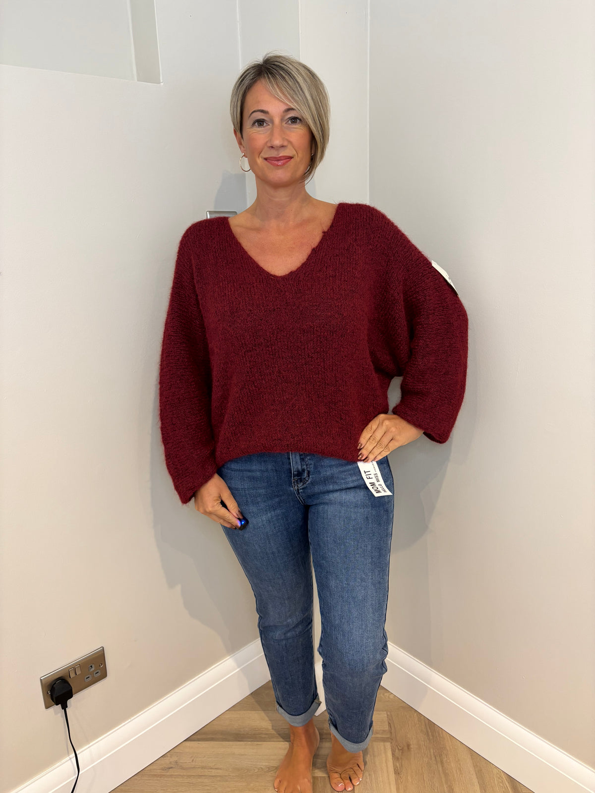 V Neck Knit Jumper in Wine