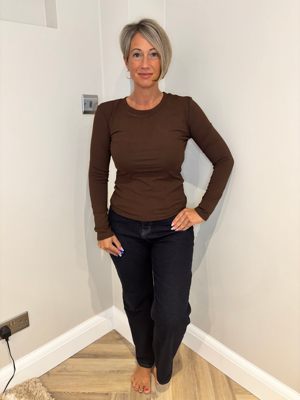Fitted Long Sleeve Top in Brown