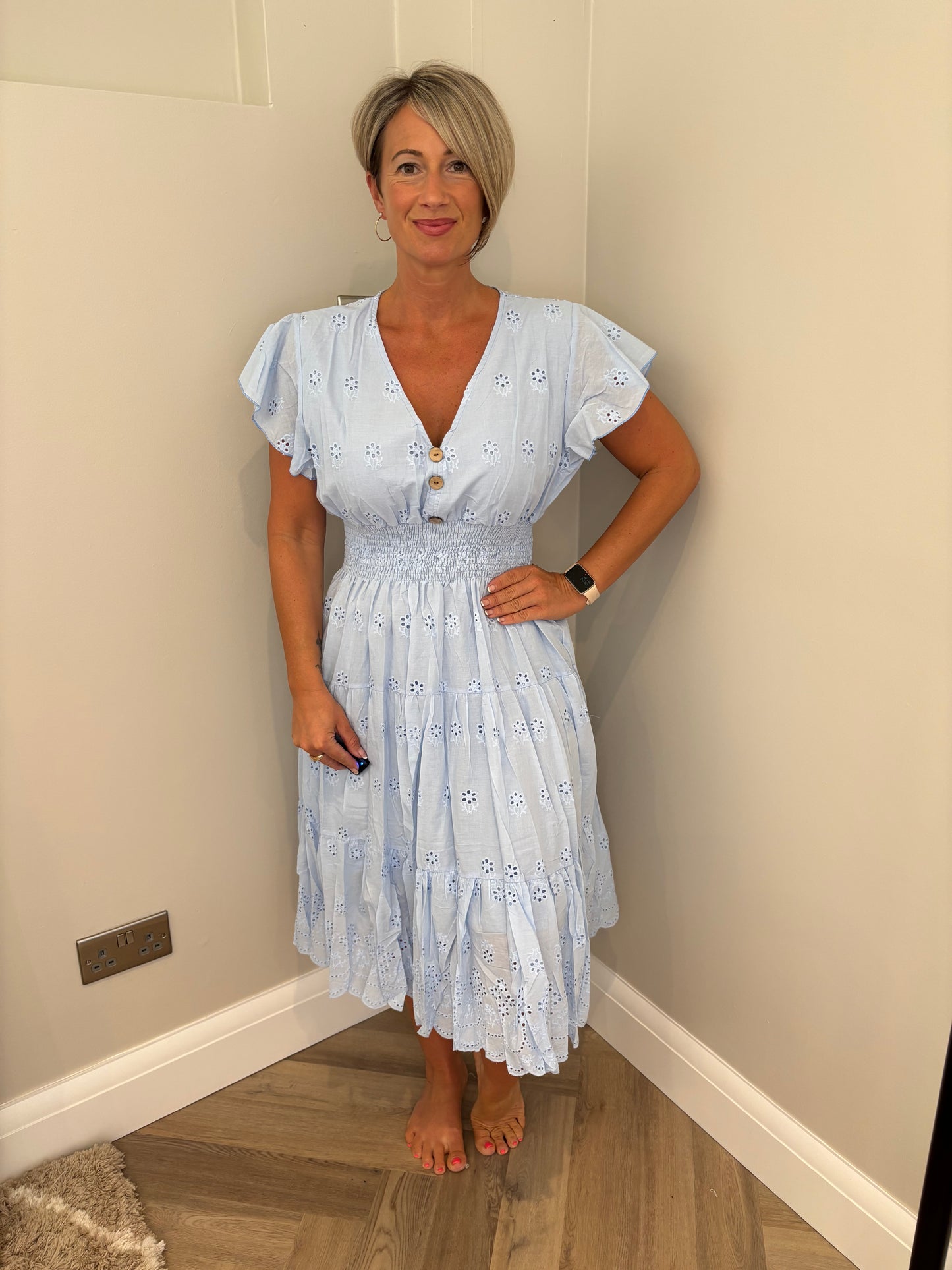 Broderie Button Dress in Blue
