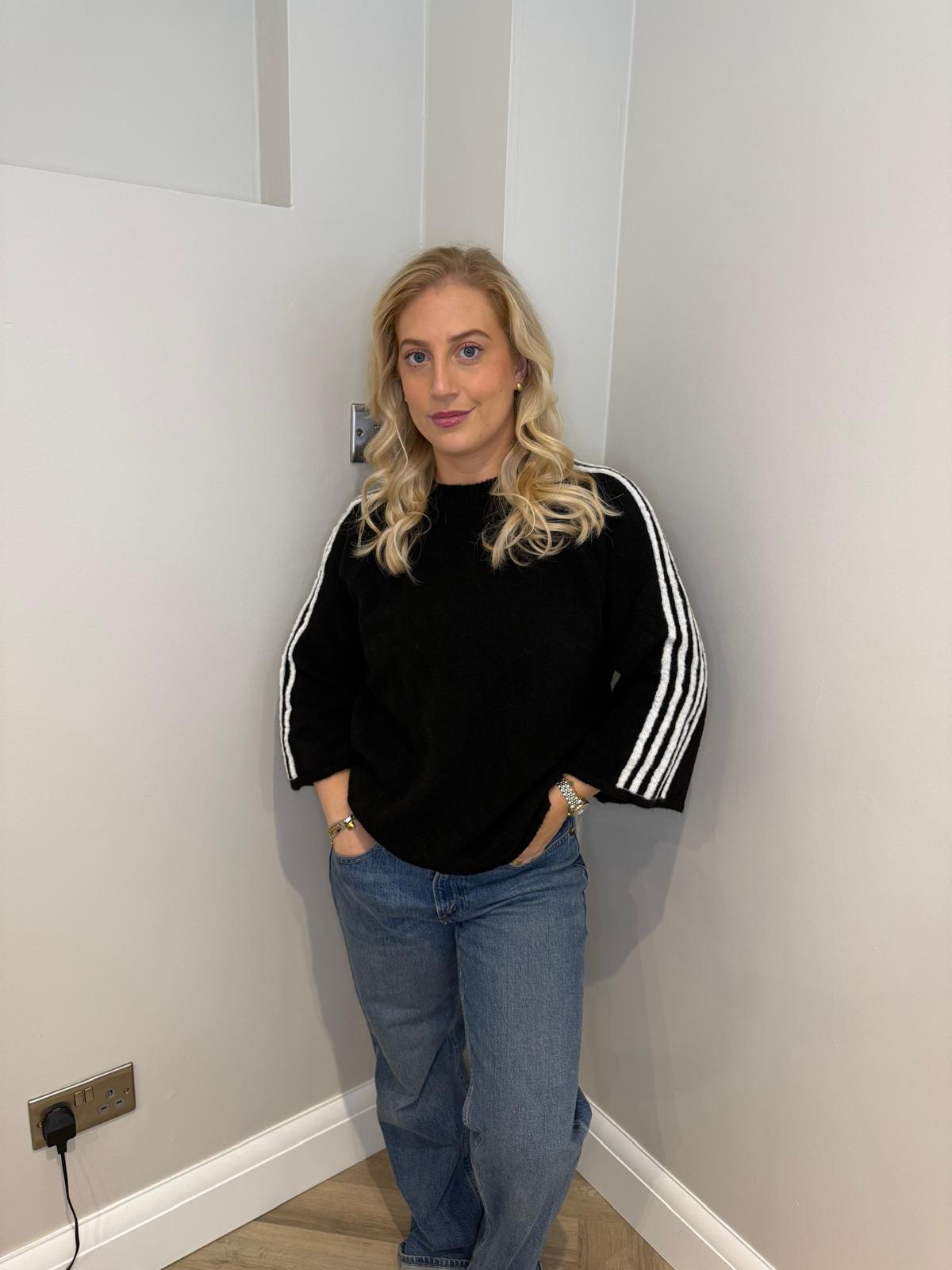 Cropped Sleeve Striped Jumper in Black