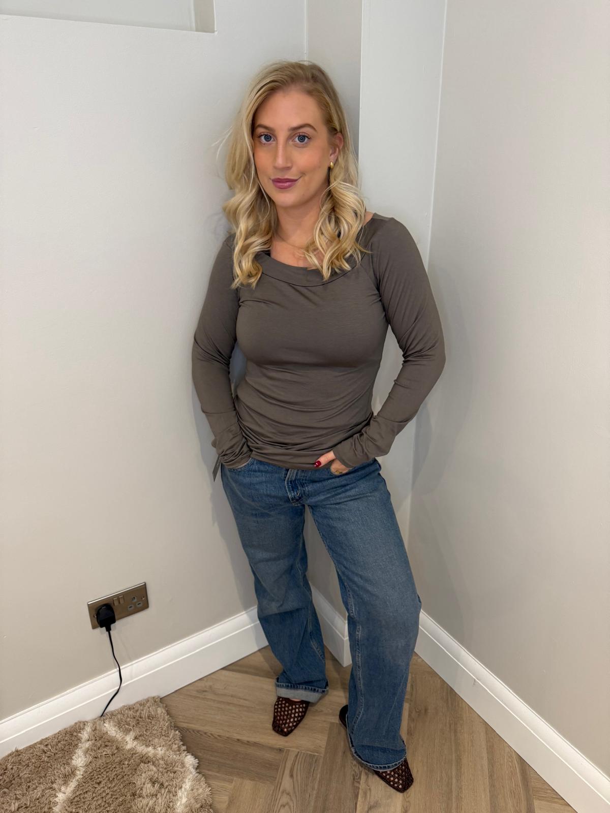 Bardot Style Basic Long Sleeve Top in Mocha