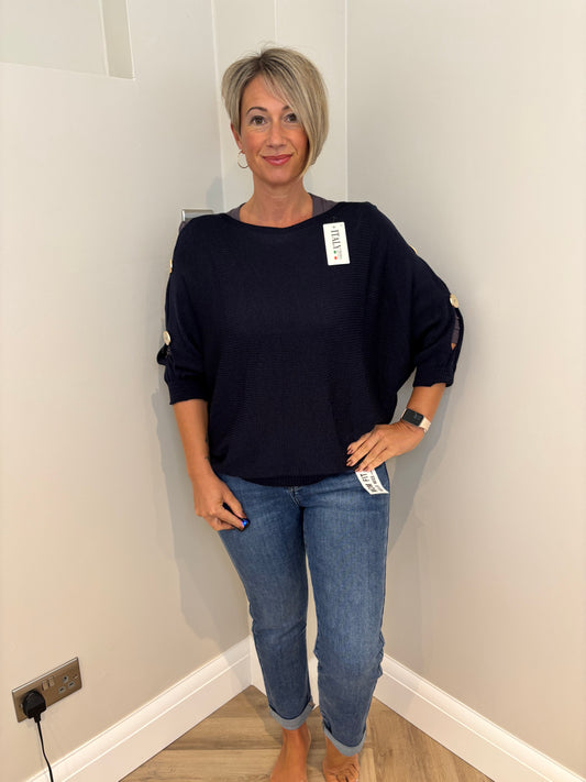Button Sleeve Thin Knit Jumper in Navy