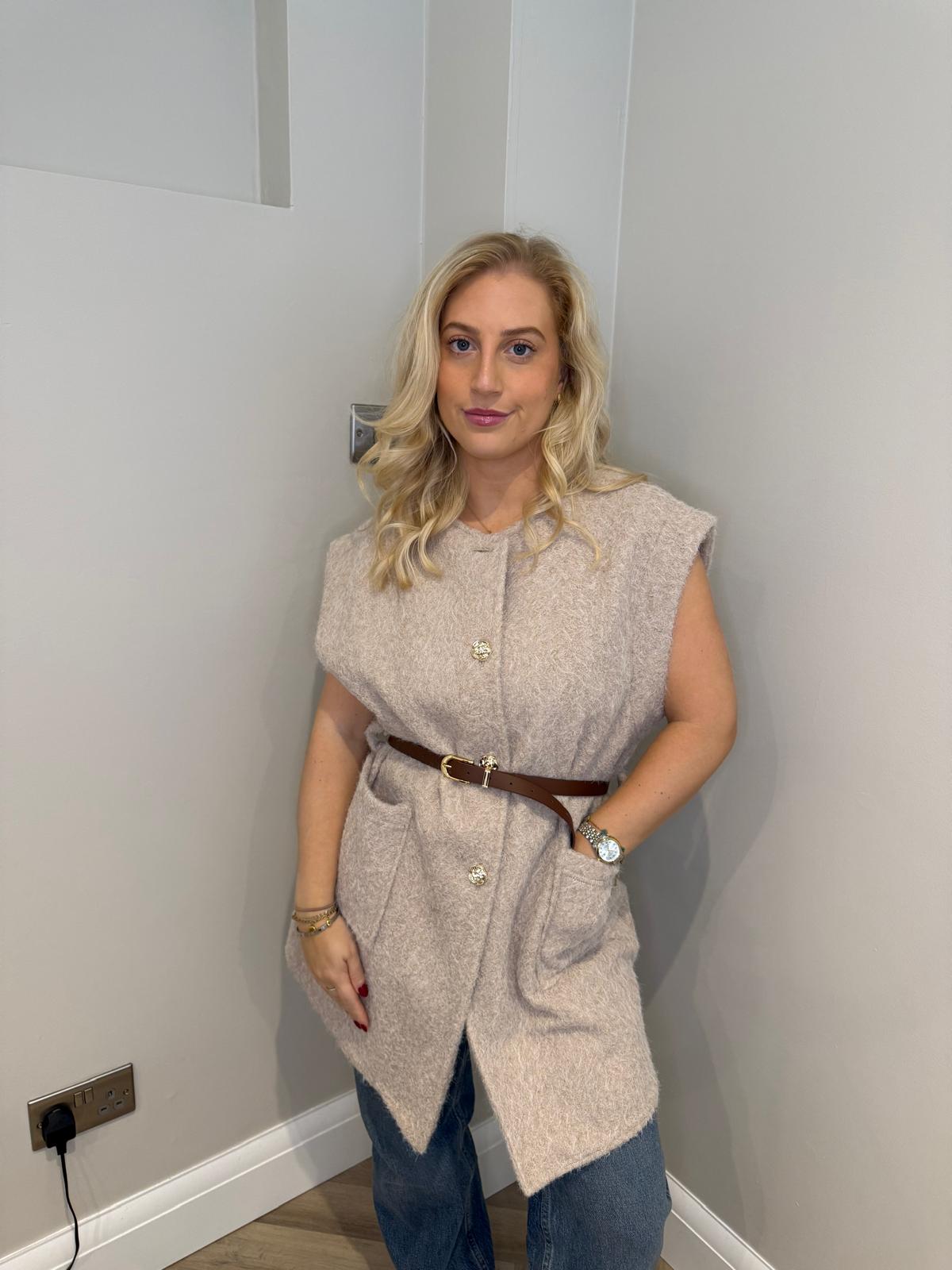 Longline Belted Gilet in Beige