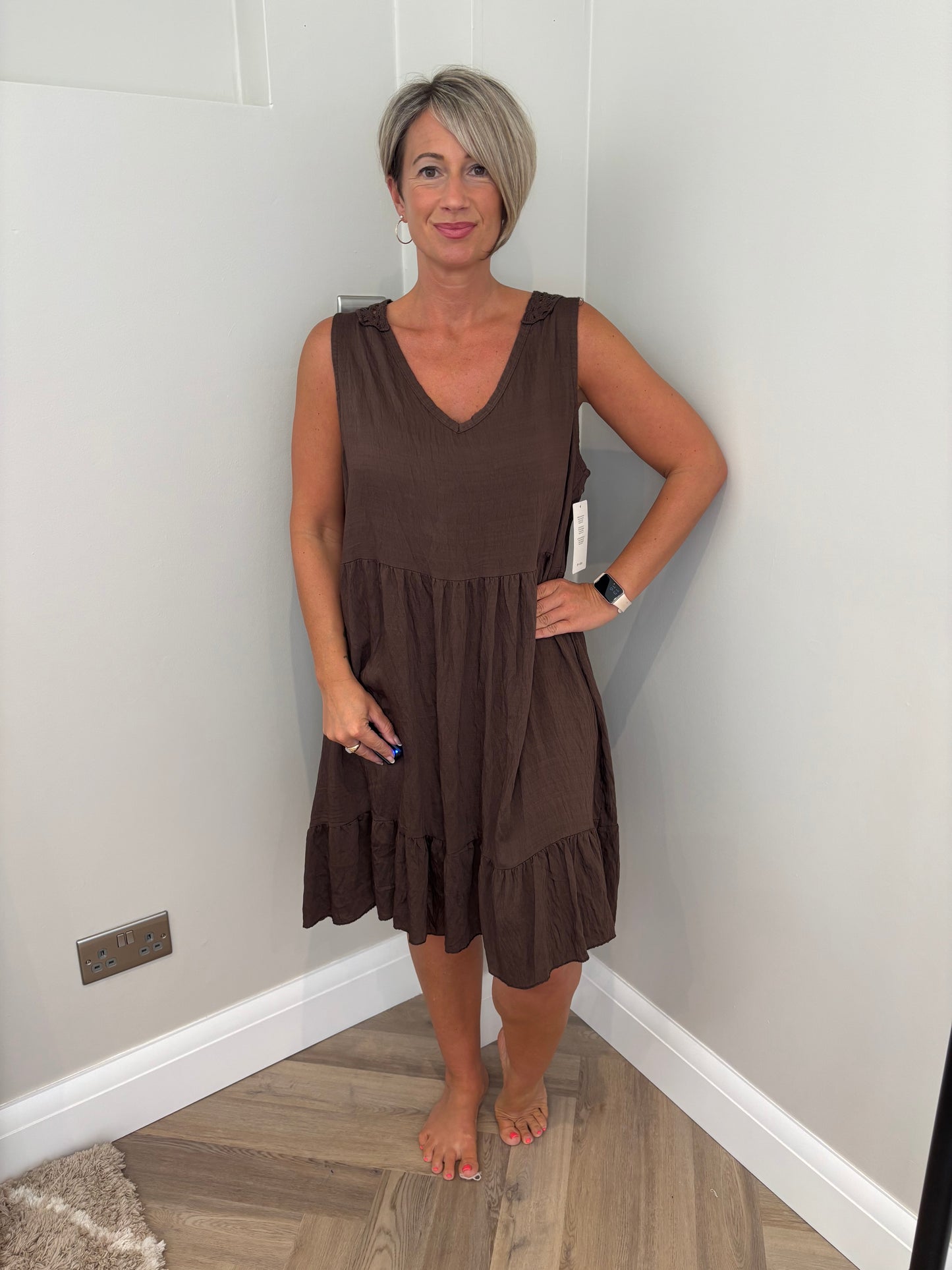 Crochet Detail Smock Dress in Brown