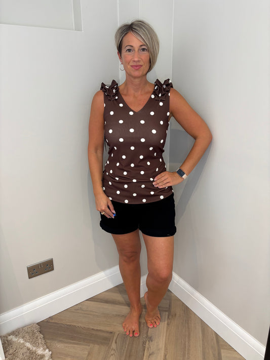 Polka Ruffle Shoulder Vest in Brown