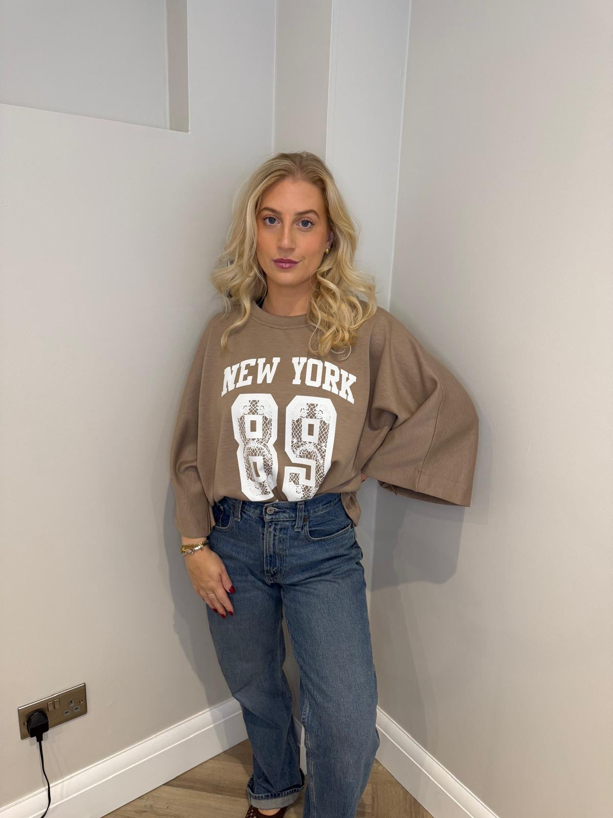 Soft Jersey Cropped Sleeve Jumper in Mocha