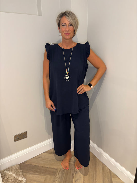 Frill Sleeveless Trouser Set in Navy