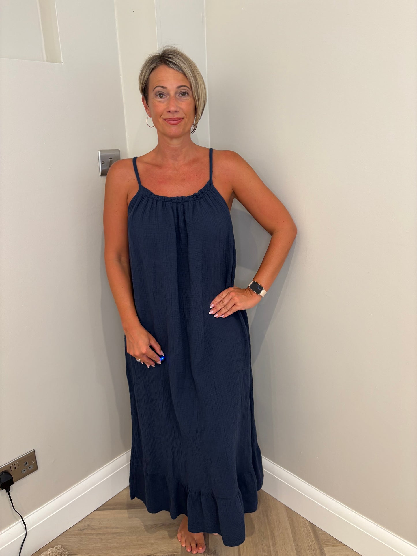 Cheesecloth Strappy Maxi Dress in Navy
