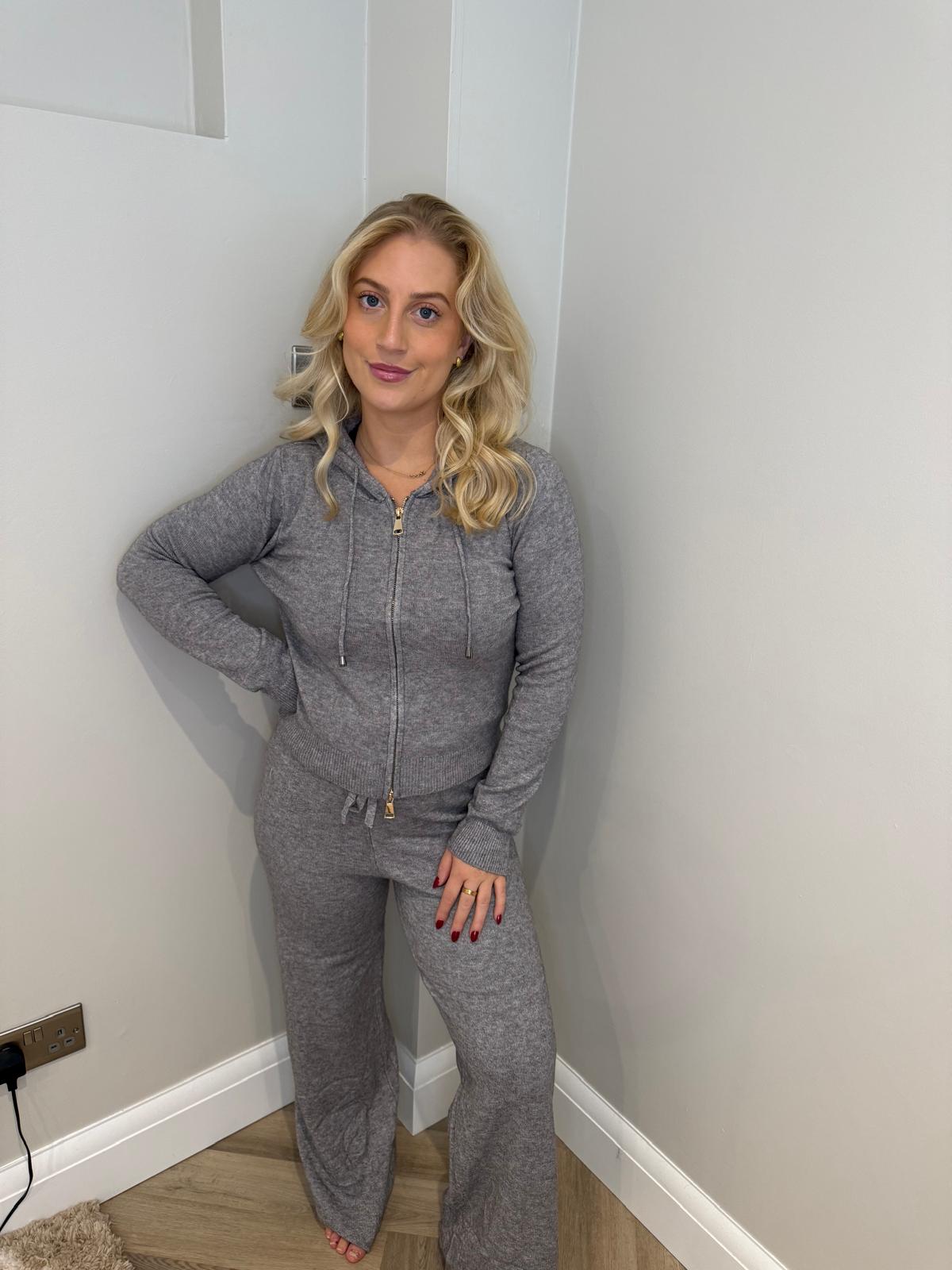 Zip Hoodie Wide Leg Loungeset in Grey