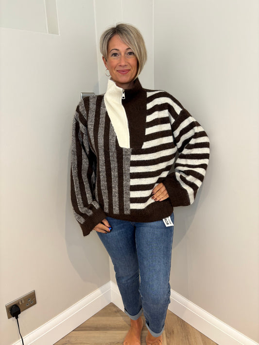Contrast Stripe Zip Jumper in Brown