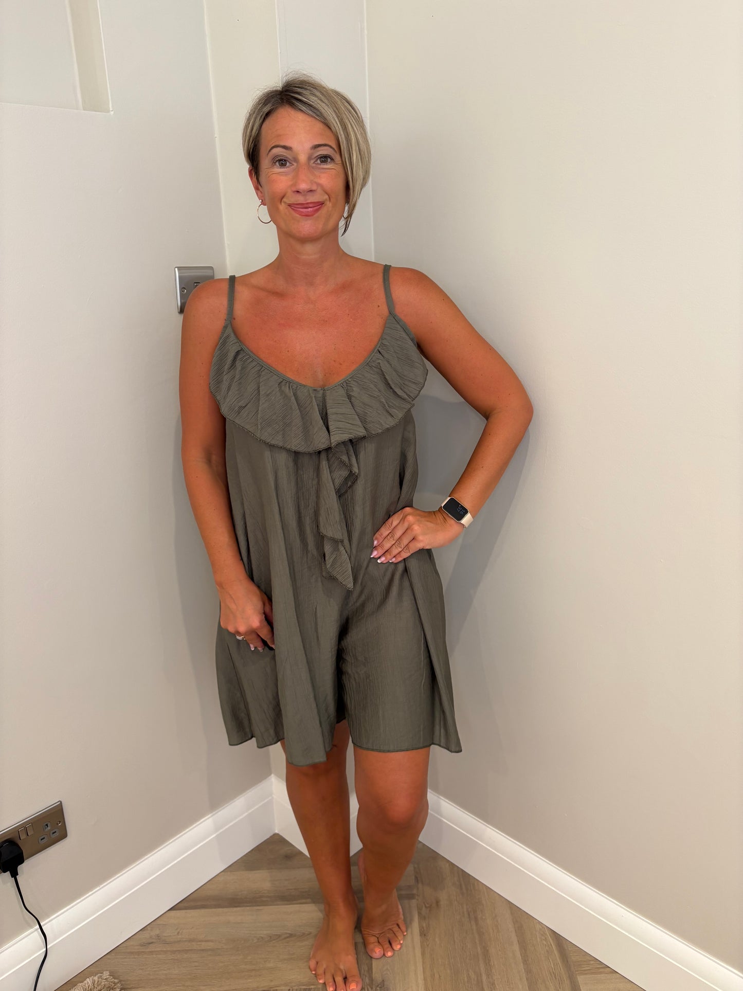 Ruffle Strappy Playsuit in Khaki