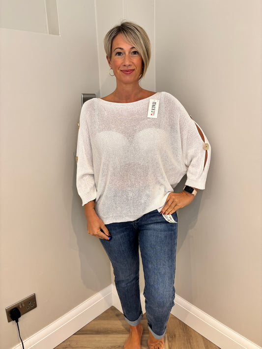 Button Sleeve Thin Knit Jumper in White