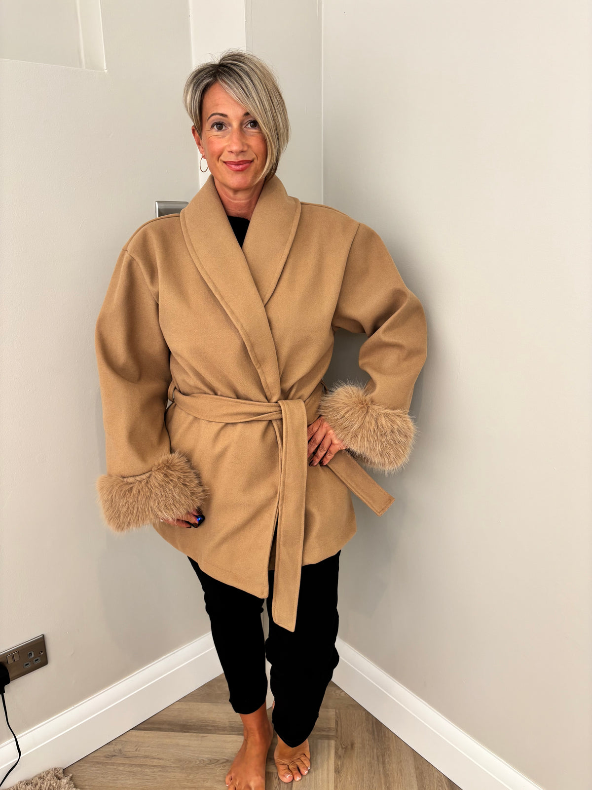 Fur Sleeve Tie Coat in Camel