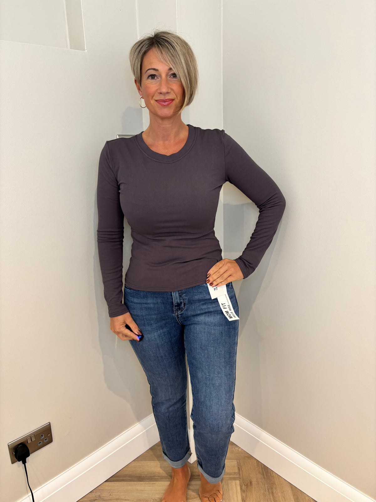 Fleece Lined Long Sleeve Top in Charcoal