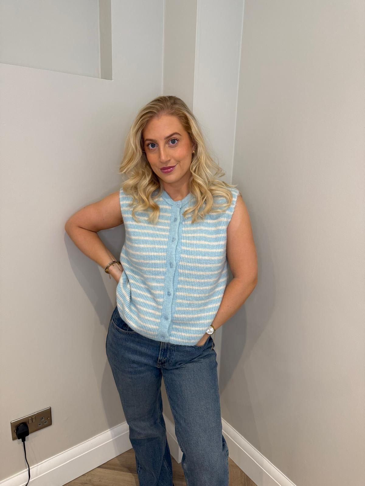 Sleeveless Striped Knit Jumper in Blue