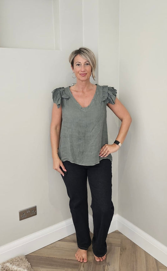 Linen Ruffle Shoulder Top in Khaki