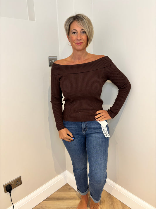 Bardot Ribbed Long Sleeve Top in Brown