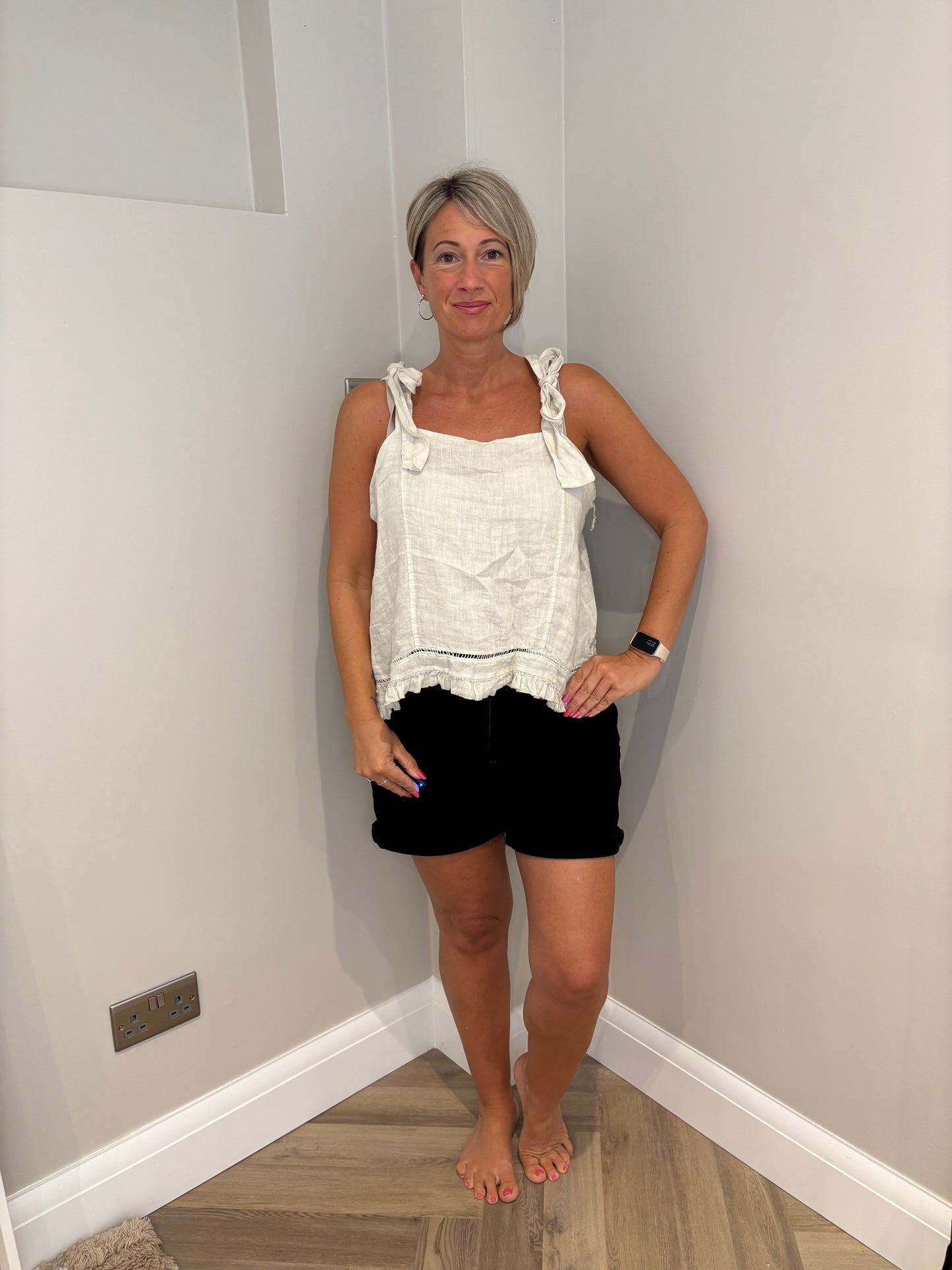 Linen Tie Shoulder Top in Beige