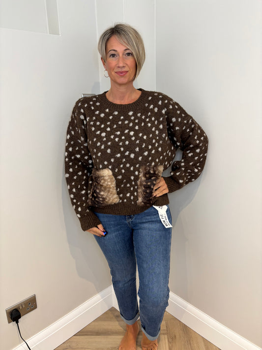 Bambi Print Fur Pocket Jumper in Brown
