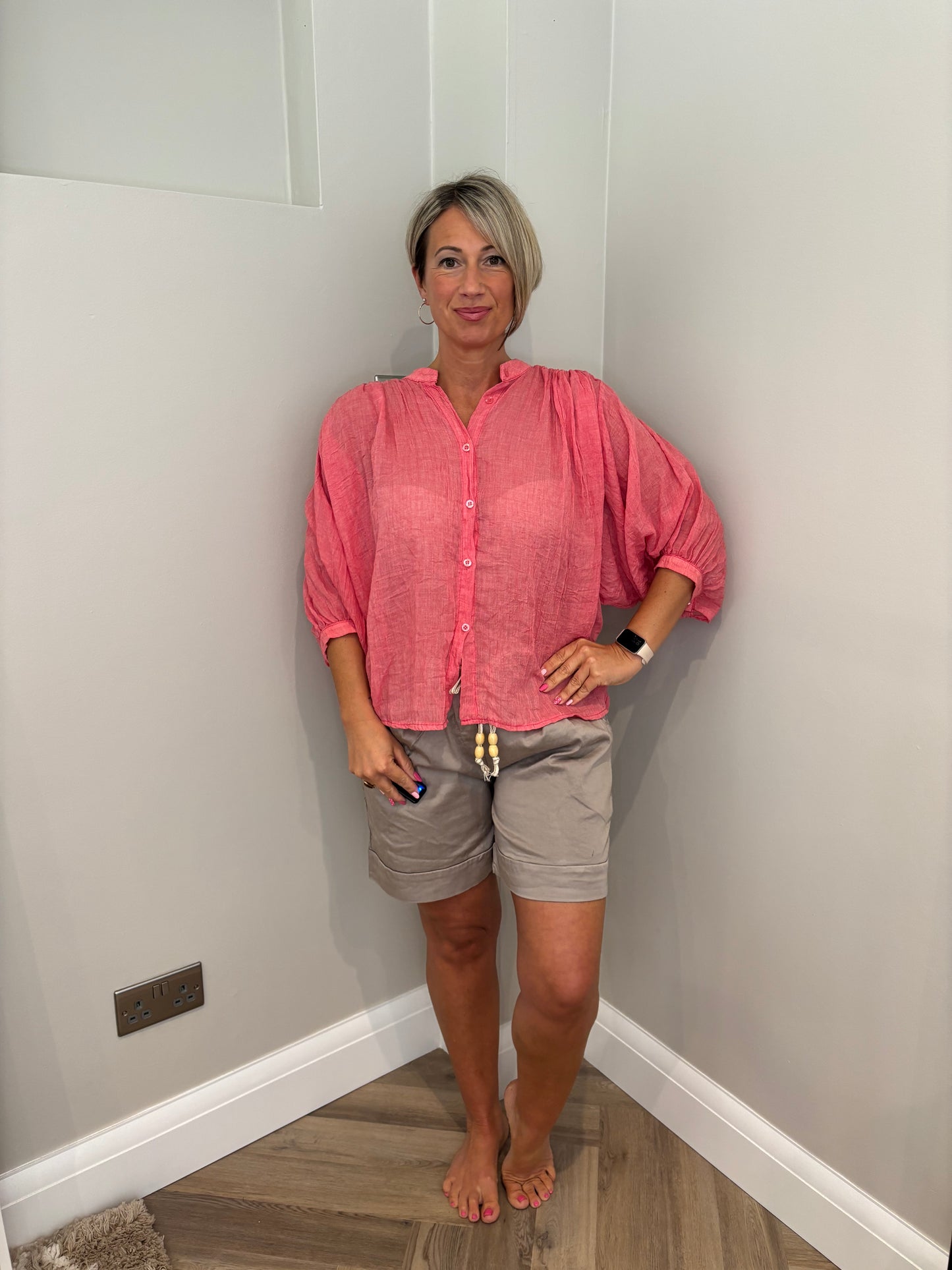 Linen Cuff Sleeve Top in Coral