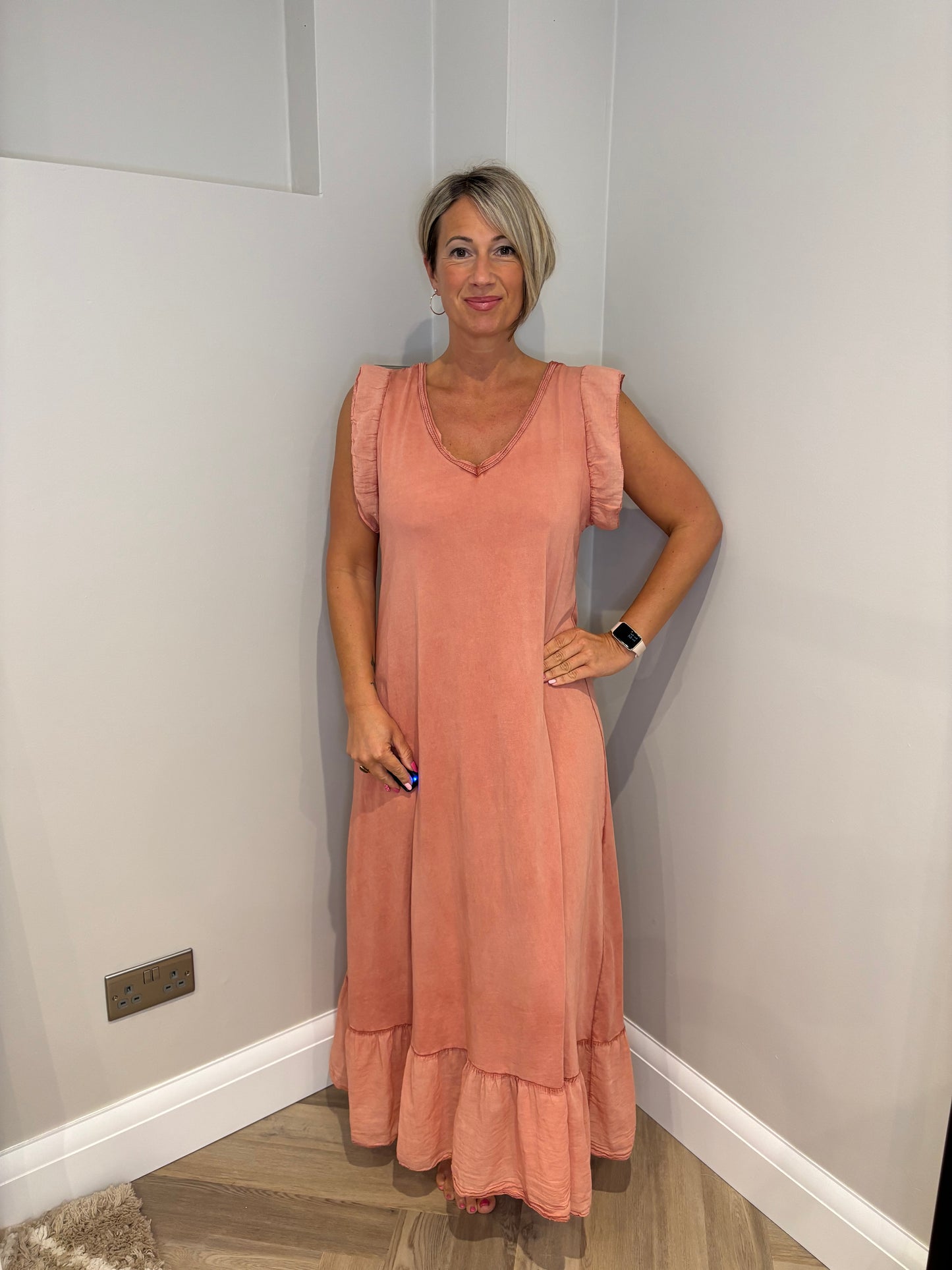 Cotton Linen Maxi Dress in Coral