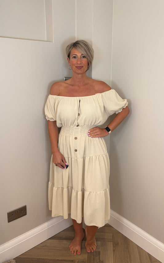Bardot Button Dress in Beige