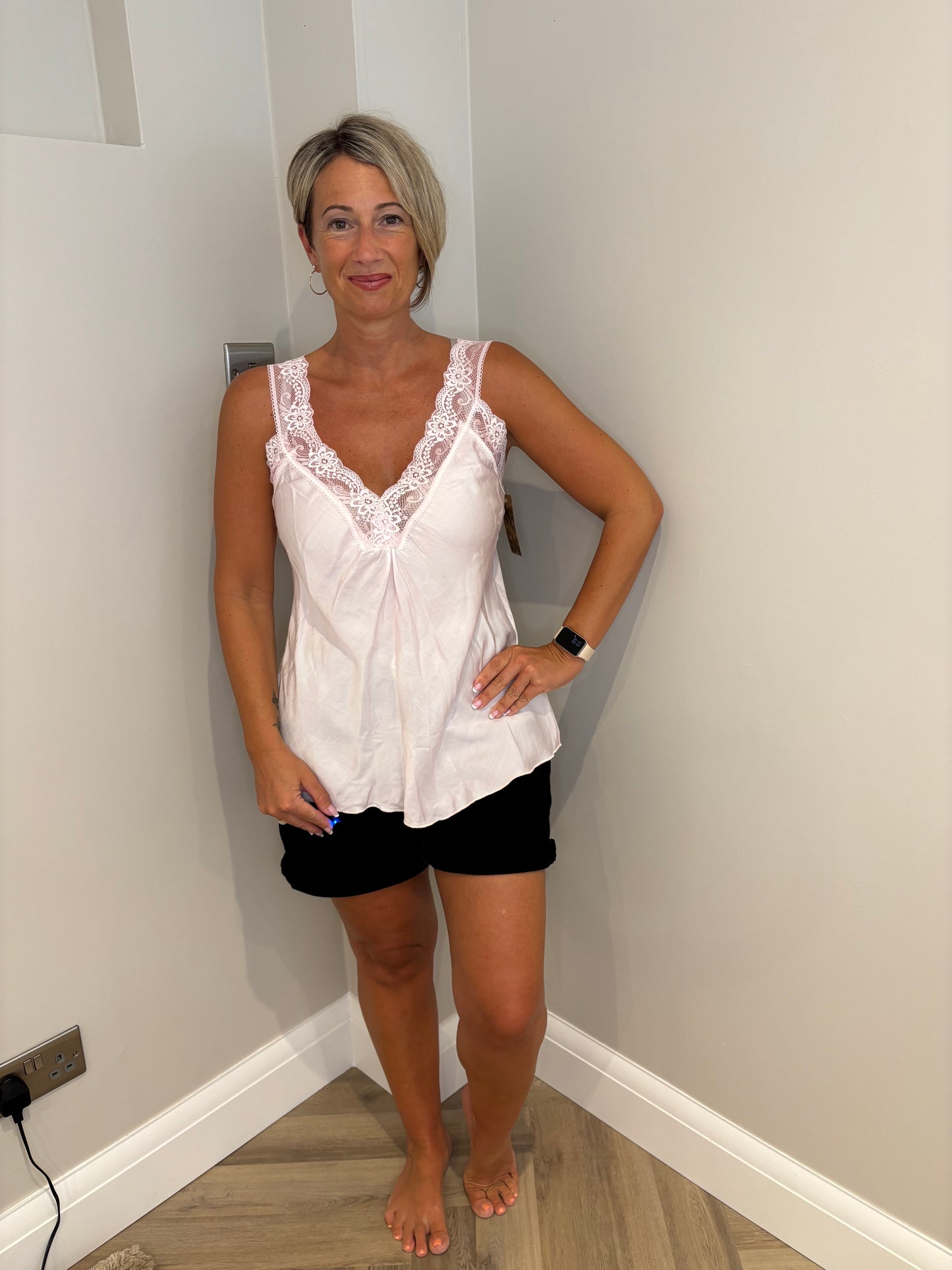 Satin Cami with Lace in Pink