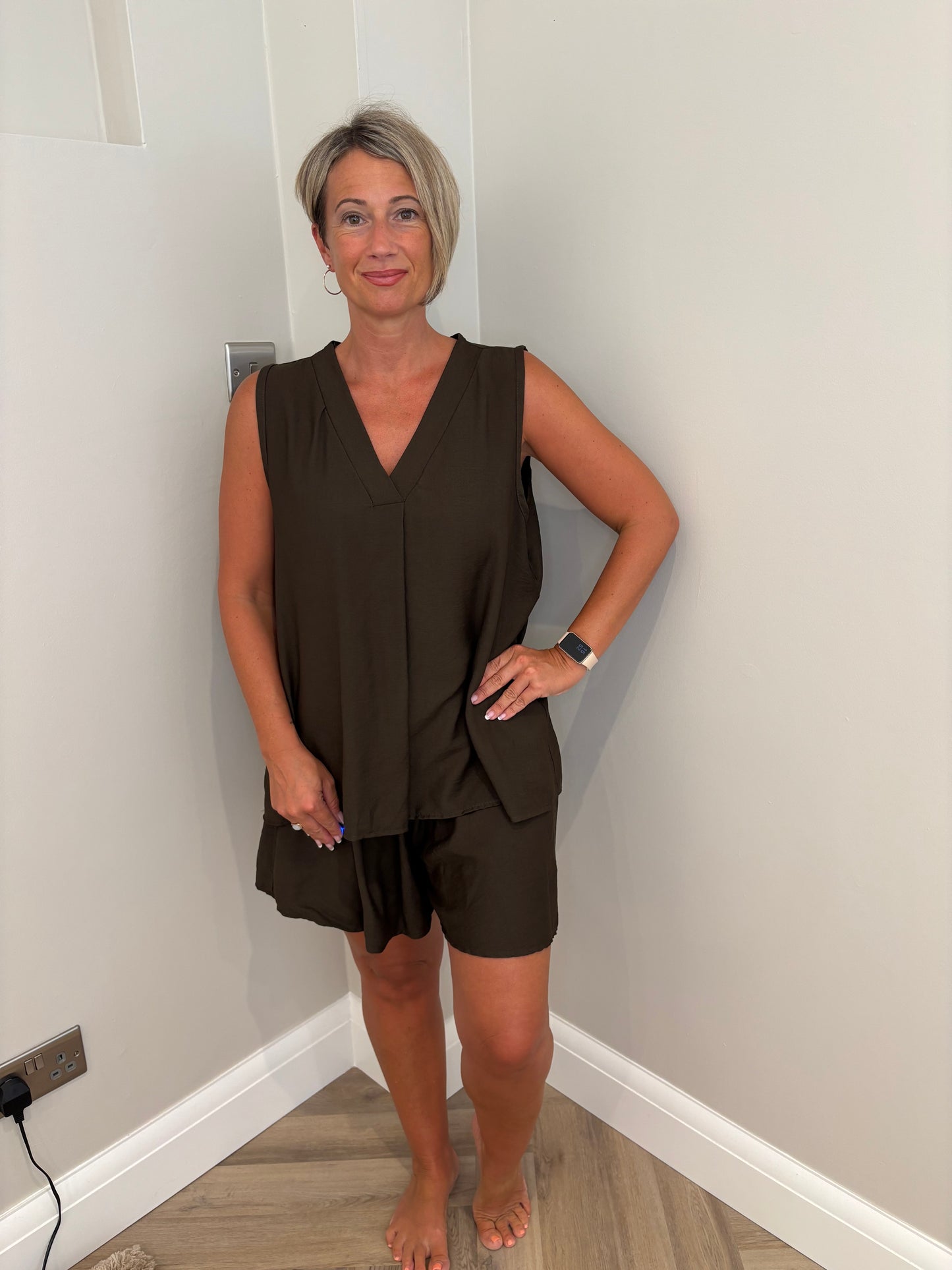 Pleated Top & Short Set in Brown