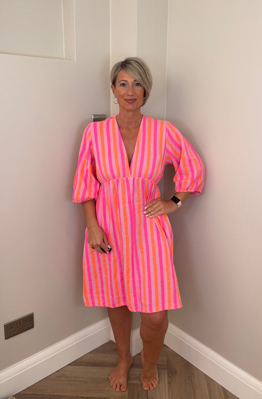 Cheesecloth Striped Midi Dress in Pink