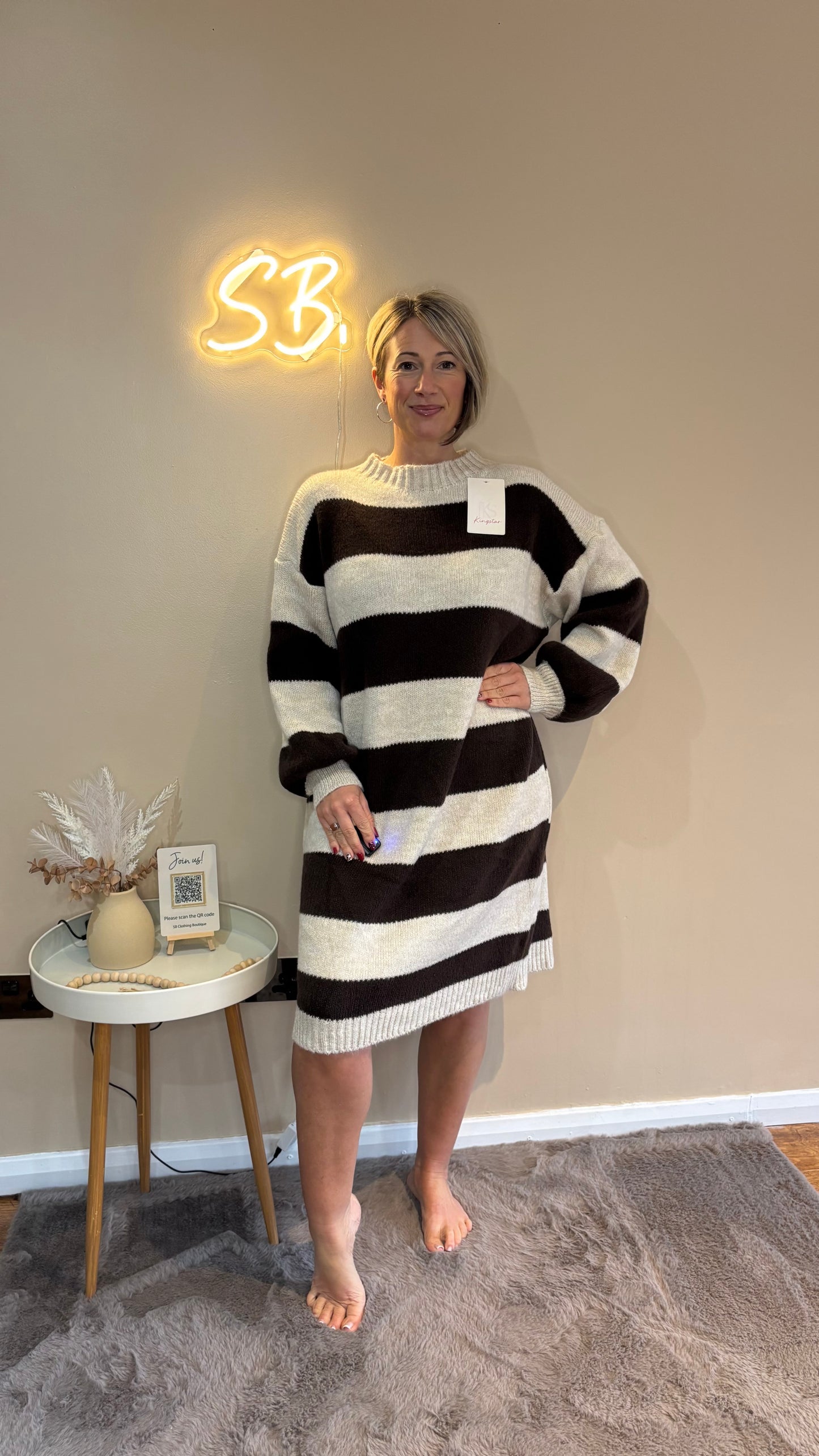 Striped Jumper Dress in Beige