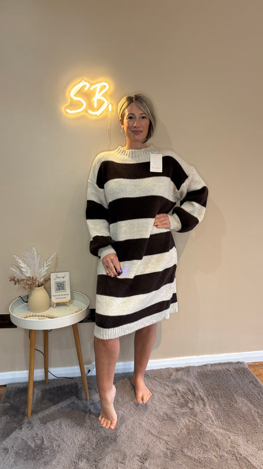 Striped Jumper Dress in Beige