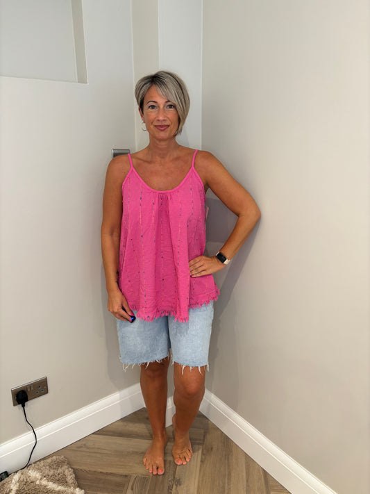Embroidered Linen Cami in Fuschia