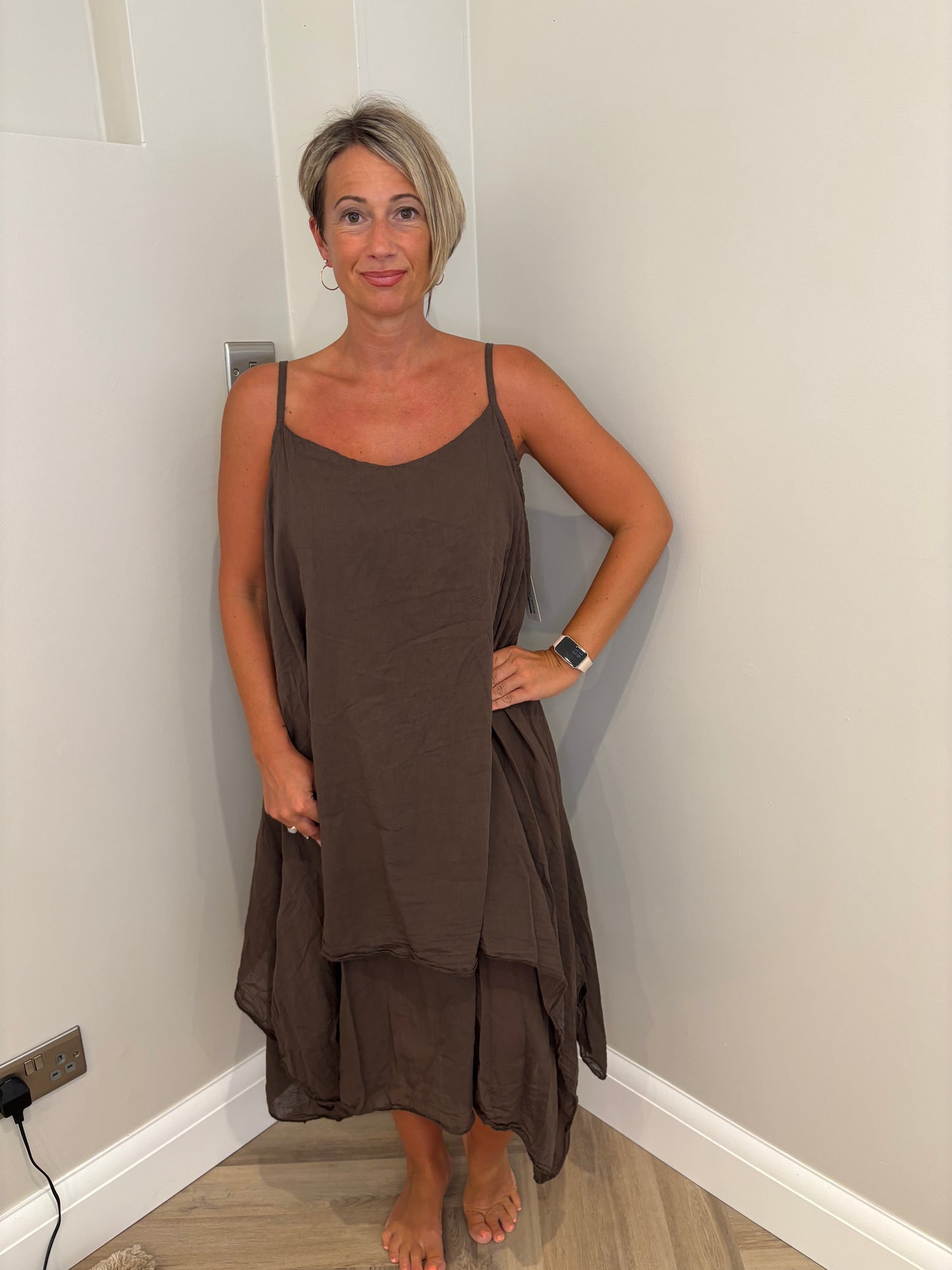 Cotton Layered Strappy Dress in Brown