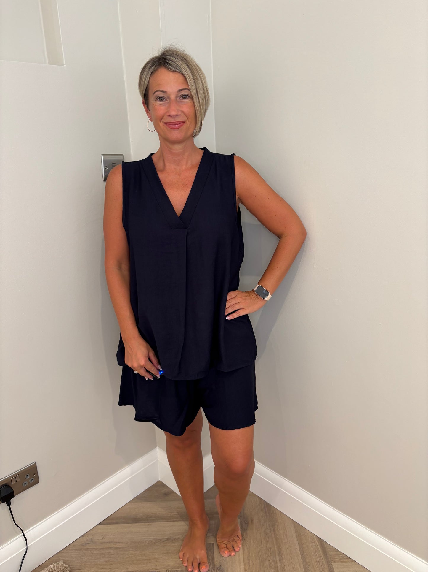 Pleated Top & Short Set in Navy