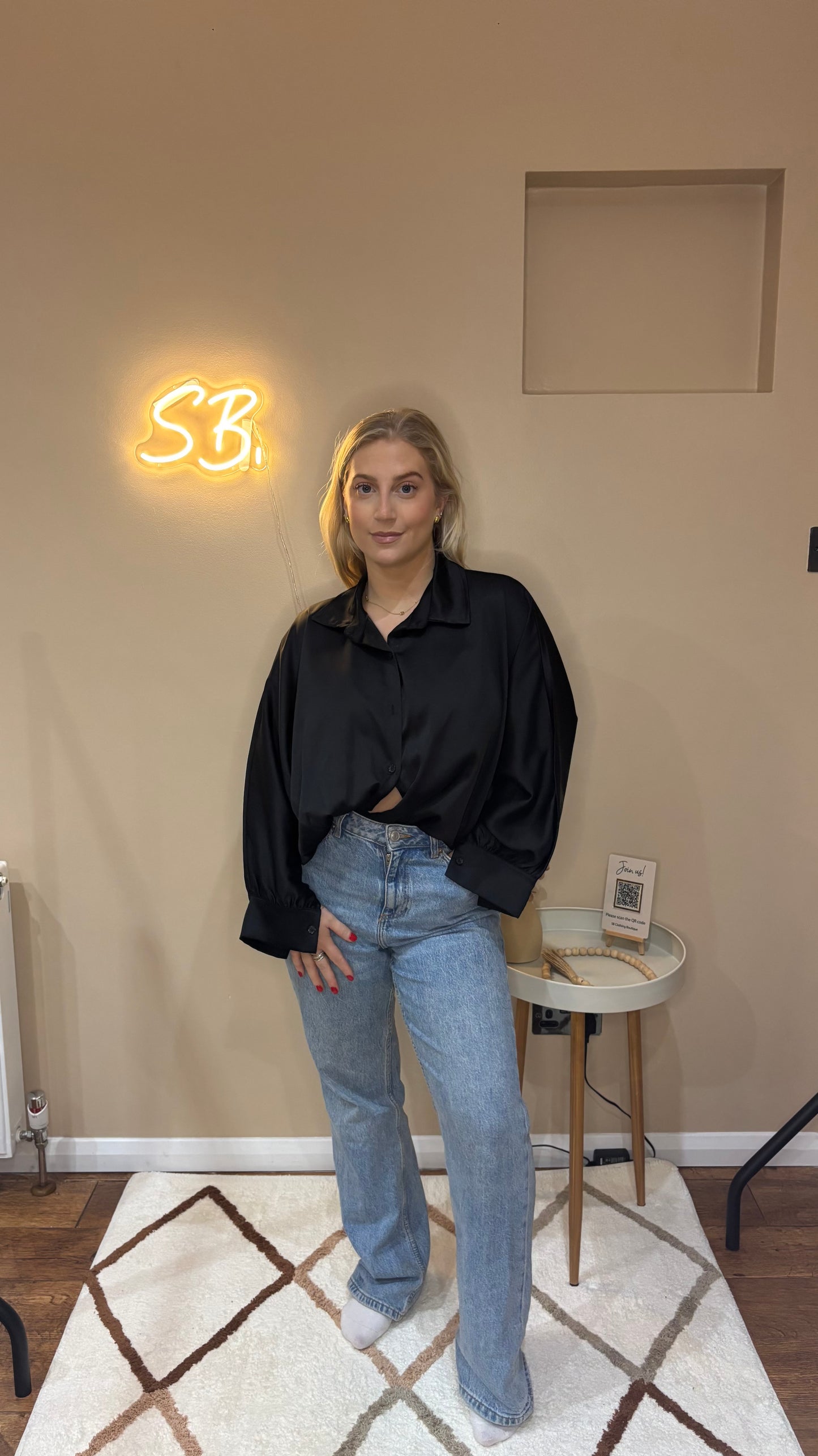 Satin Button Shirt in Black