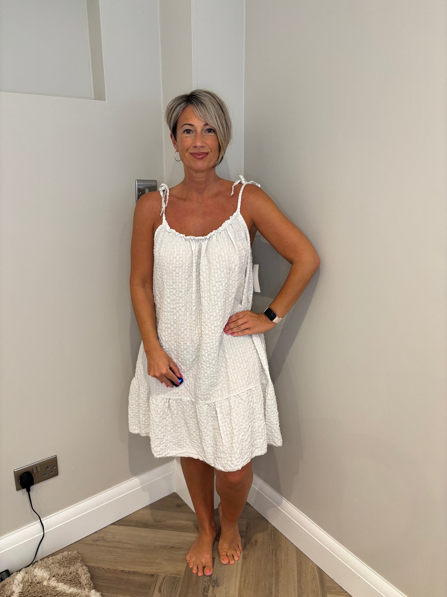 Tie Shoulder Gingham Dress in Beige