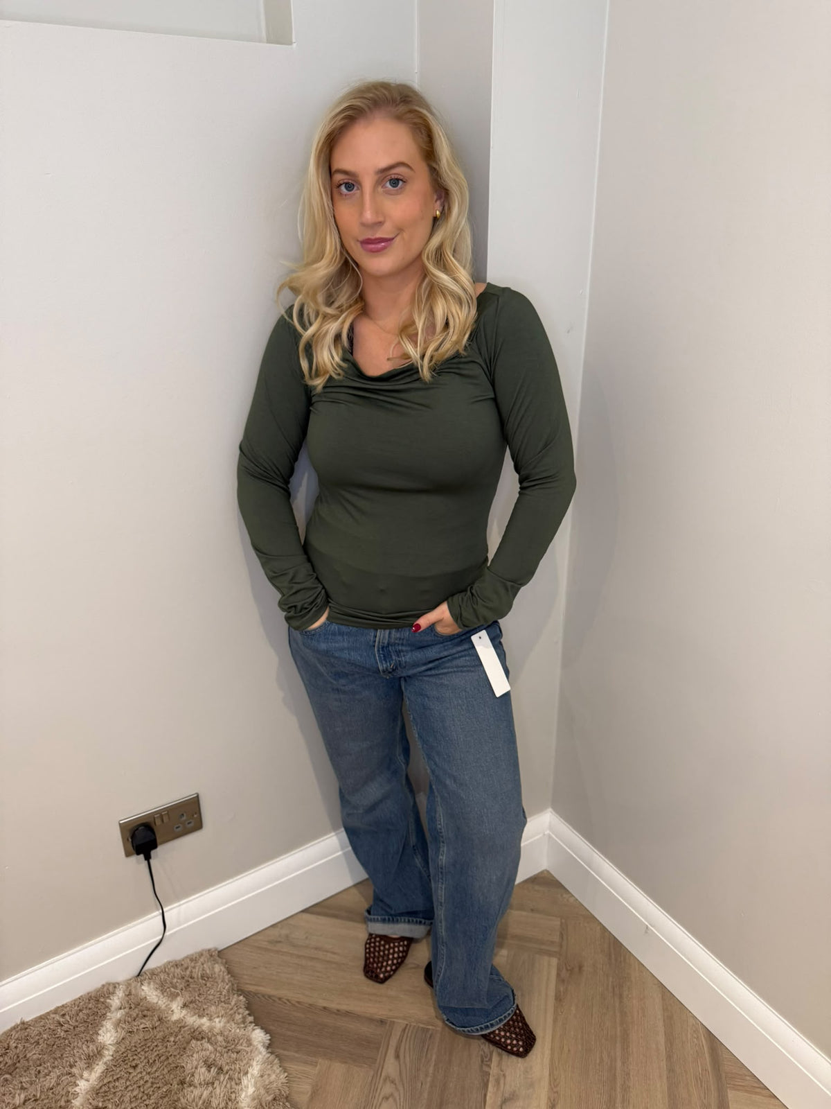 Bardot Style Basic Long Sleeve Top in Khaki